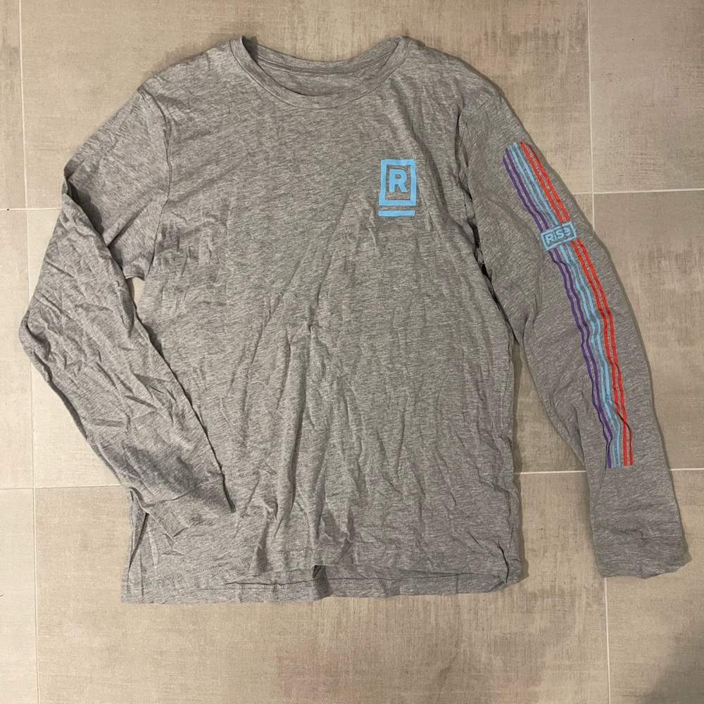 Gray Long Sleeve Shirt with Blue and Red Accents